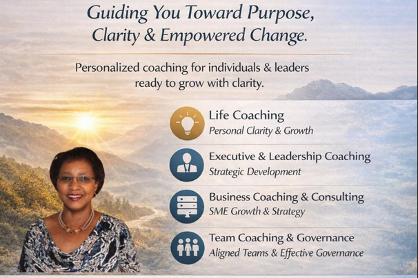 Khosi Gcabashe, Founder and Coach of SaraiG Coach and Consulting offering personalized coaching for individuals and business leader to grow with clarity and purpose.